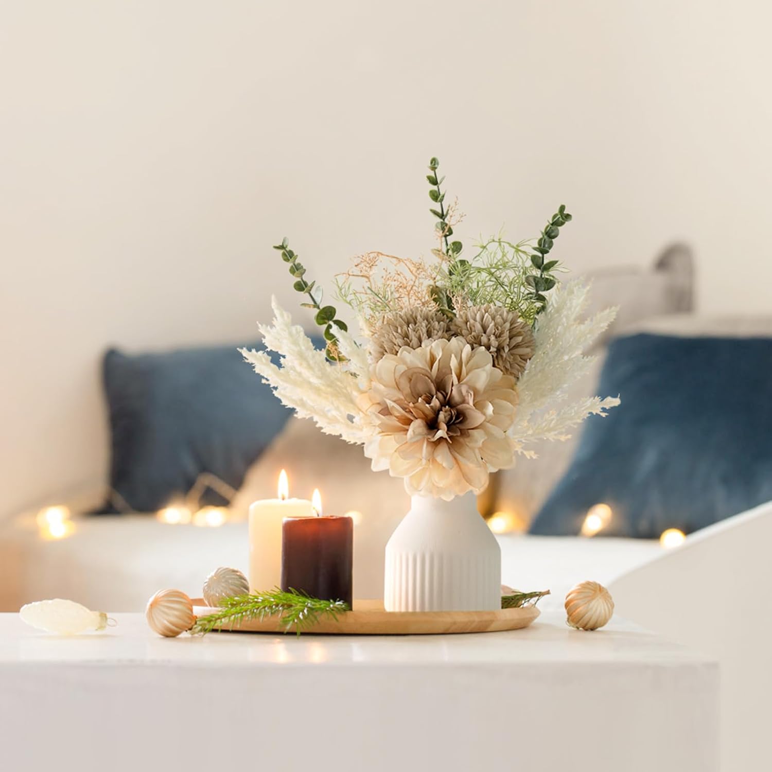 Mkono Small Artificial Flowers in Ceramic Vase 13.5 Centerpieces Coffee Table Decor,